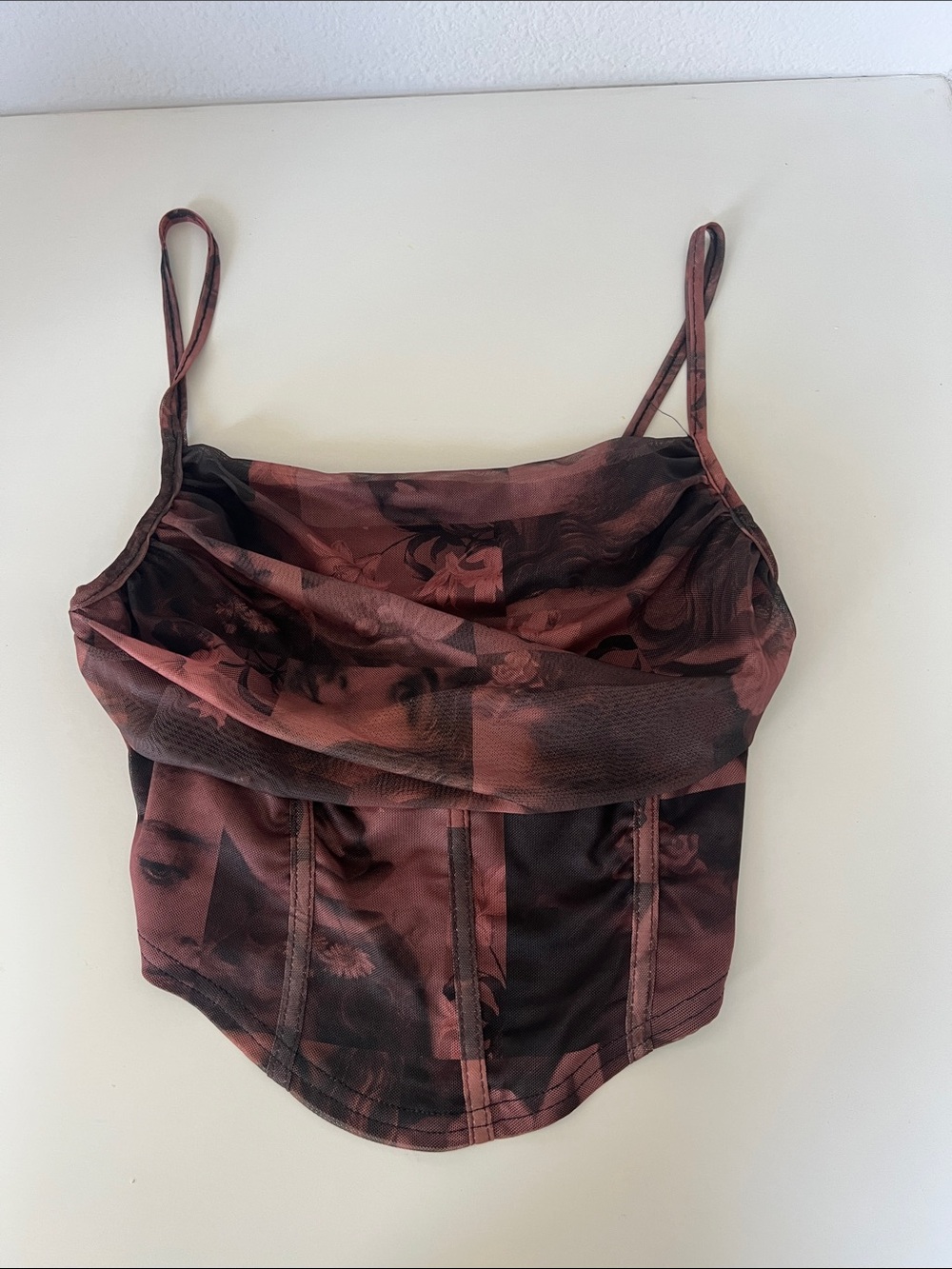 Women's Rust Floral Mesh Corset Cowl Neck Crop Top
